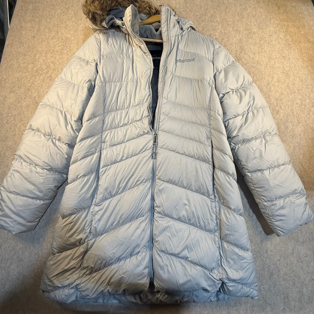 Marmot Montreaux Down Puffer Coat‎ Womens Large Blue Grey Faux Fur Hood Parka
